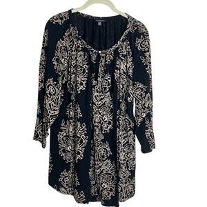 Lucky Brand Womens Tunic Top 2X Black Ivory Floral Boho Peasant Blouse Viscose